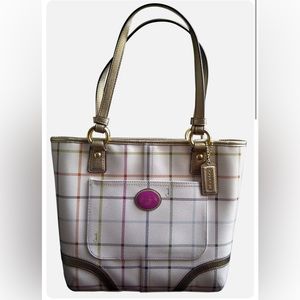 Authentic Coach Peyton Tattersal PVC Tote Bag Shoulder Purse F20093 White/Gold